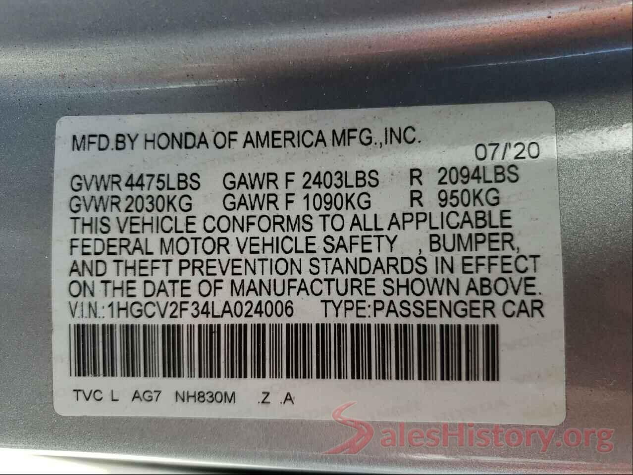 1HGCV2F34LA024006 2020 HONDA ACCORD