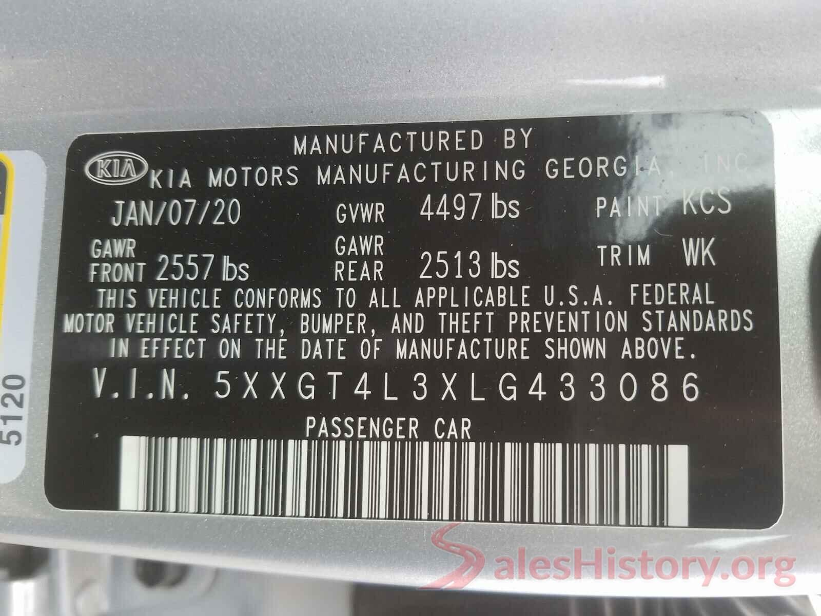 5XXGT4L3XLG433086 2020 KIA OPTIMA