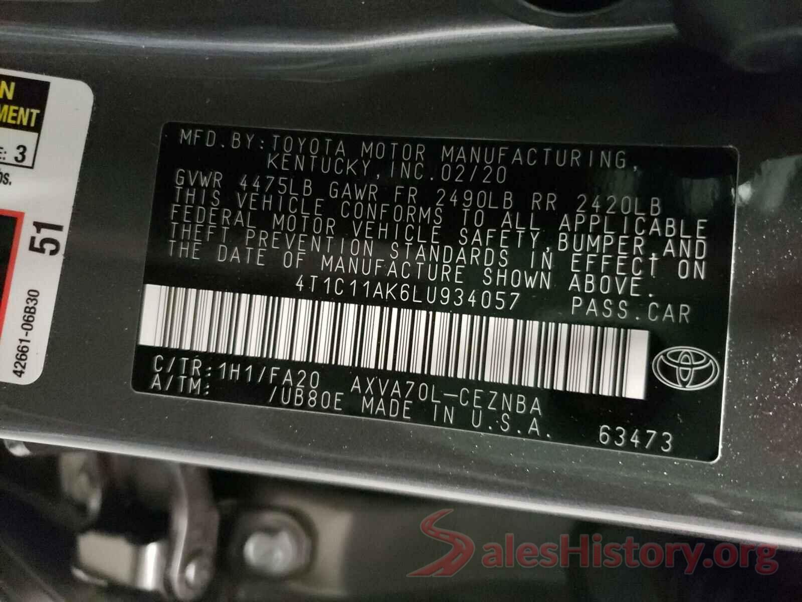 4T1C11AK6LU934057 2020 TOYOTA CAMRY