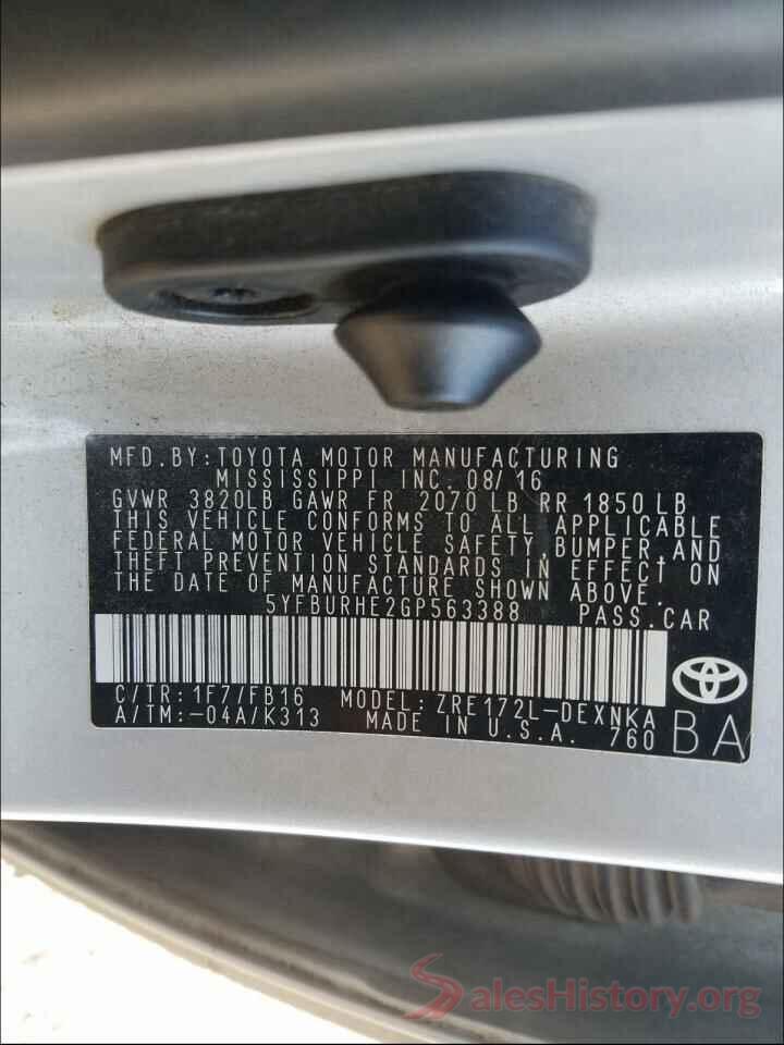 5YFBURHE2GP563388 2016 TOYOTA COROLLA