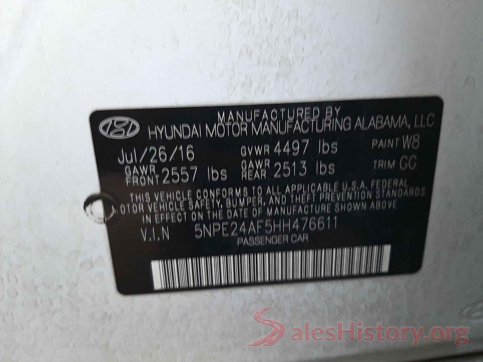 5NPE24AF5HH476611 2017 HYUNDAI SONATA