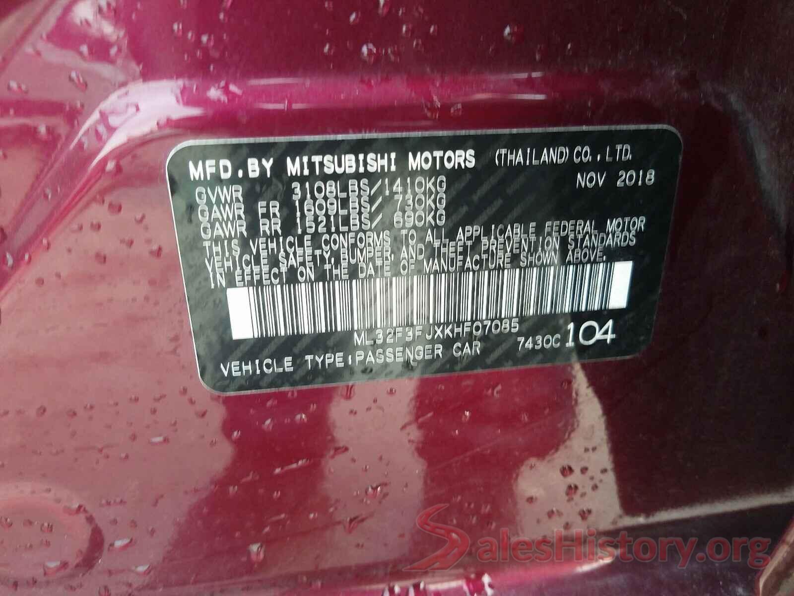 ML32F3FJXKHF07085 2019 MITSUBISHI MIRAGE