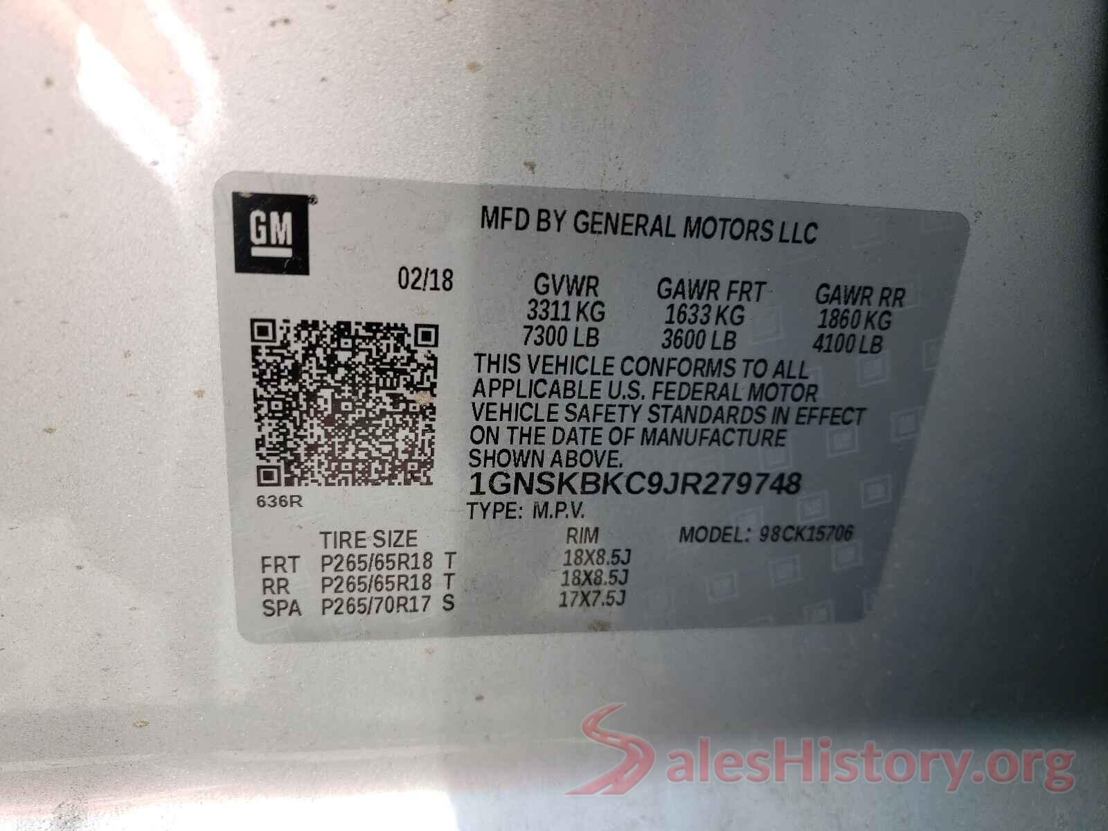 1GNSKBKC9JR279748 2018 CHEVROLET TAHOE