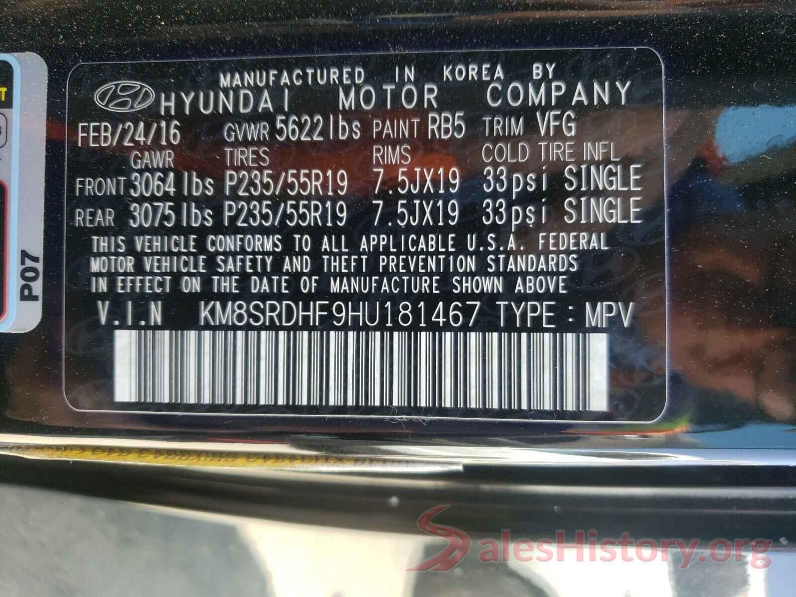 KM8SRDHF9HU181467 2017 HYUNDAI SANTA FE