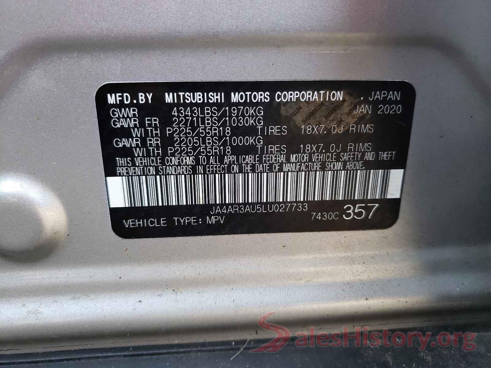 JA4AR3AU5LU027733 2020 MITSUBISHI OUTLANDER