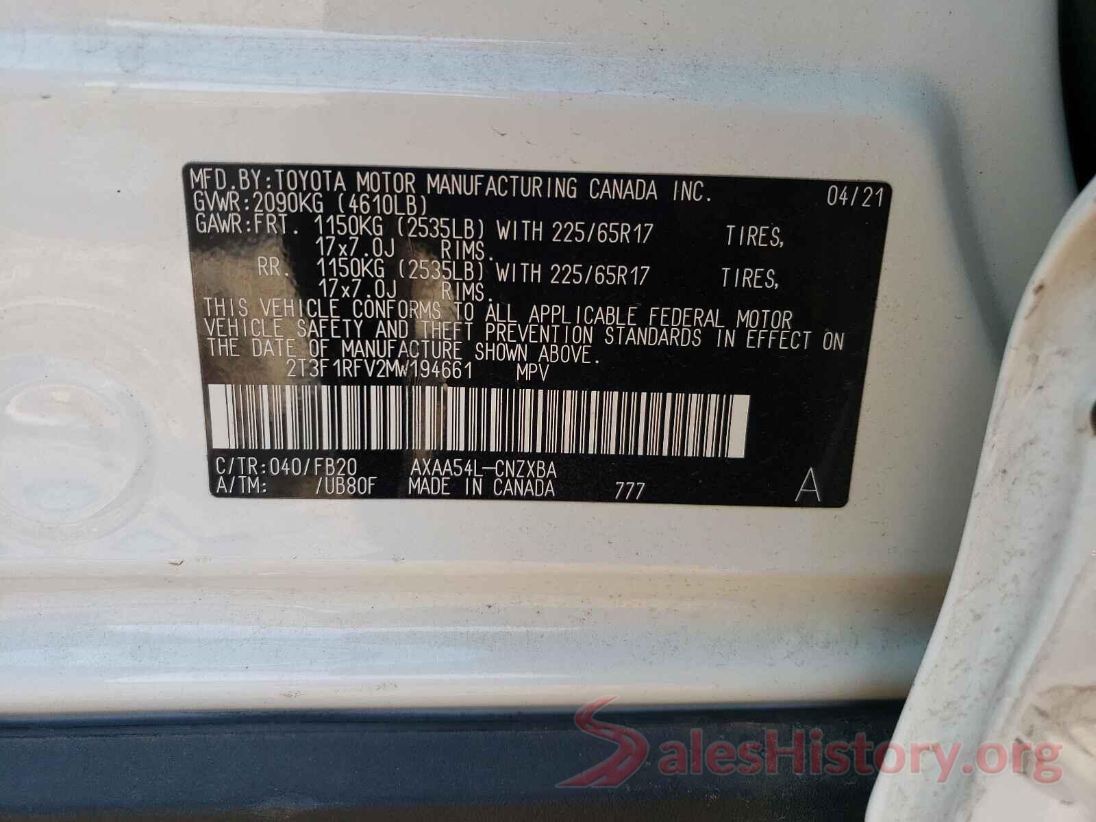 2T3F1RFV2MW194661 2021 TOYOTA RAV4