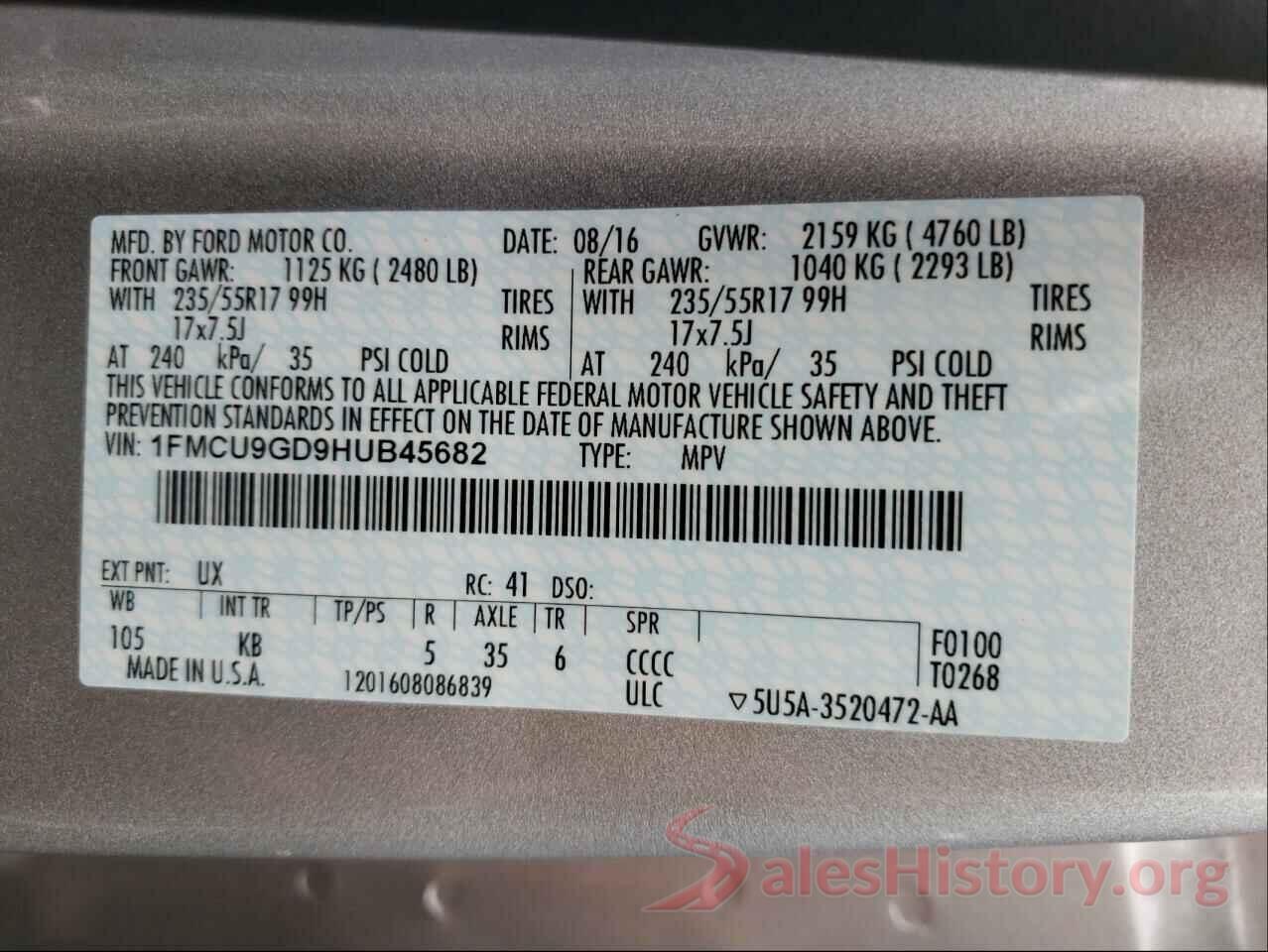 1FMCU9GD9HUB45682 2017 FORD ESCAPE