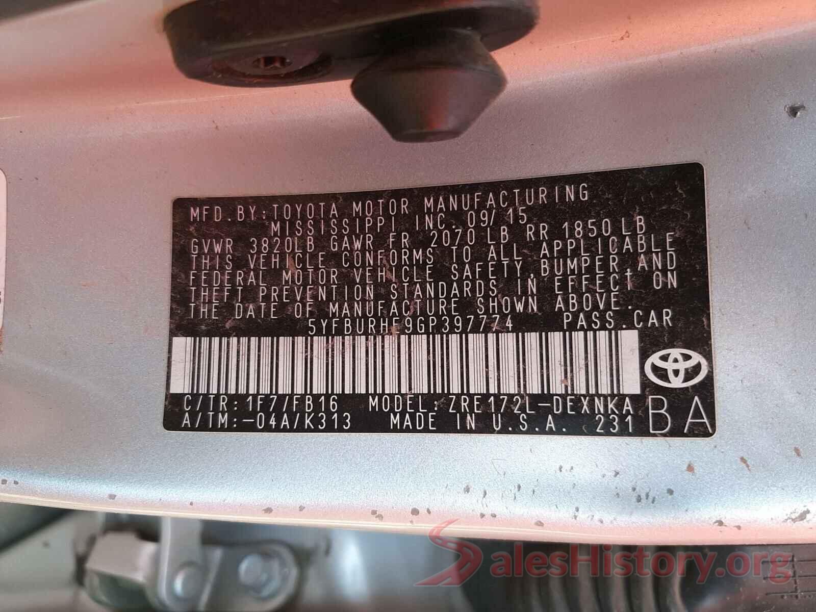 5YFBURHE9GP397774 2016 TOYOTA COROLLA