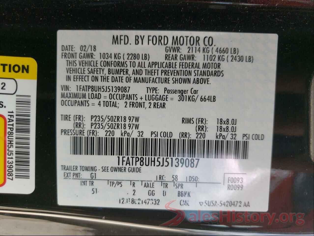 1FATP8UH5J5139087 2018 FORD MUSTANG