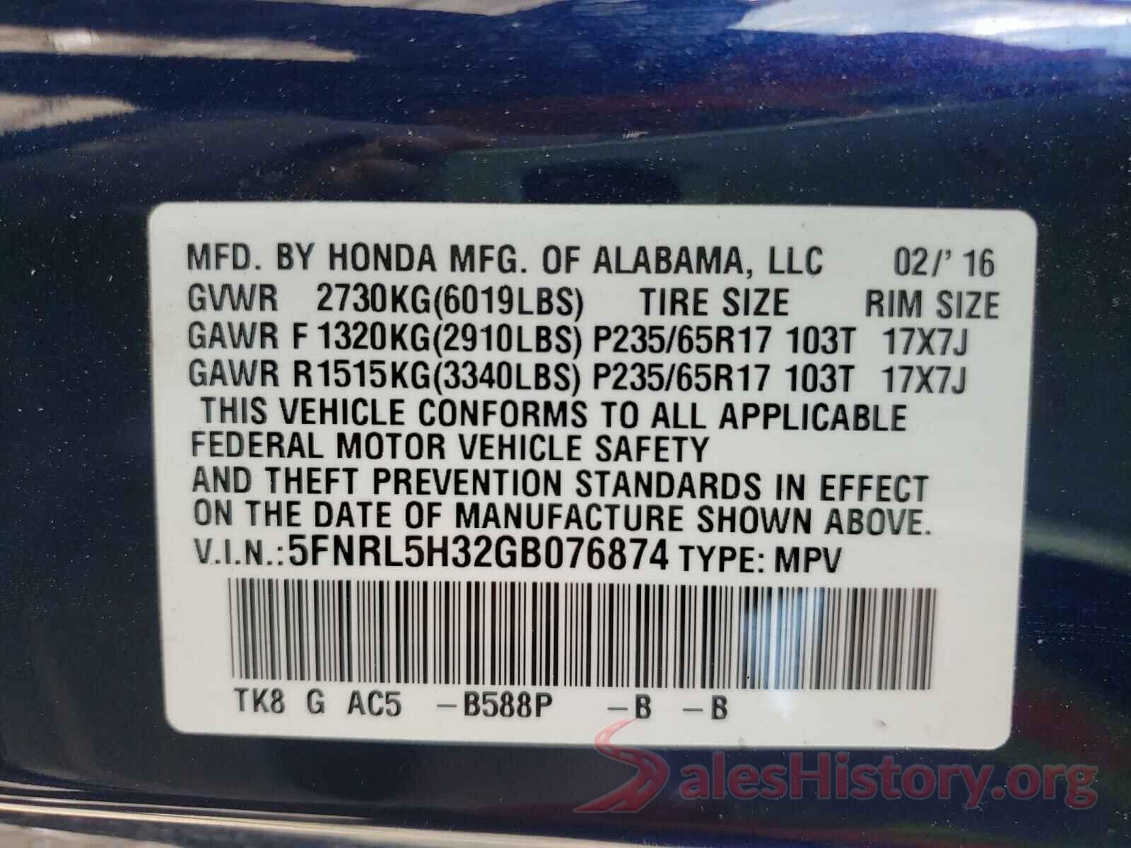 5FNRL5H32GB076874 2016 HONDA ODYSSEY