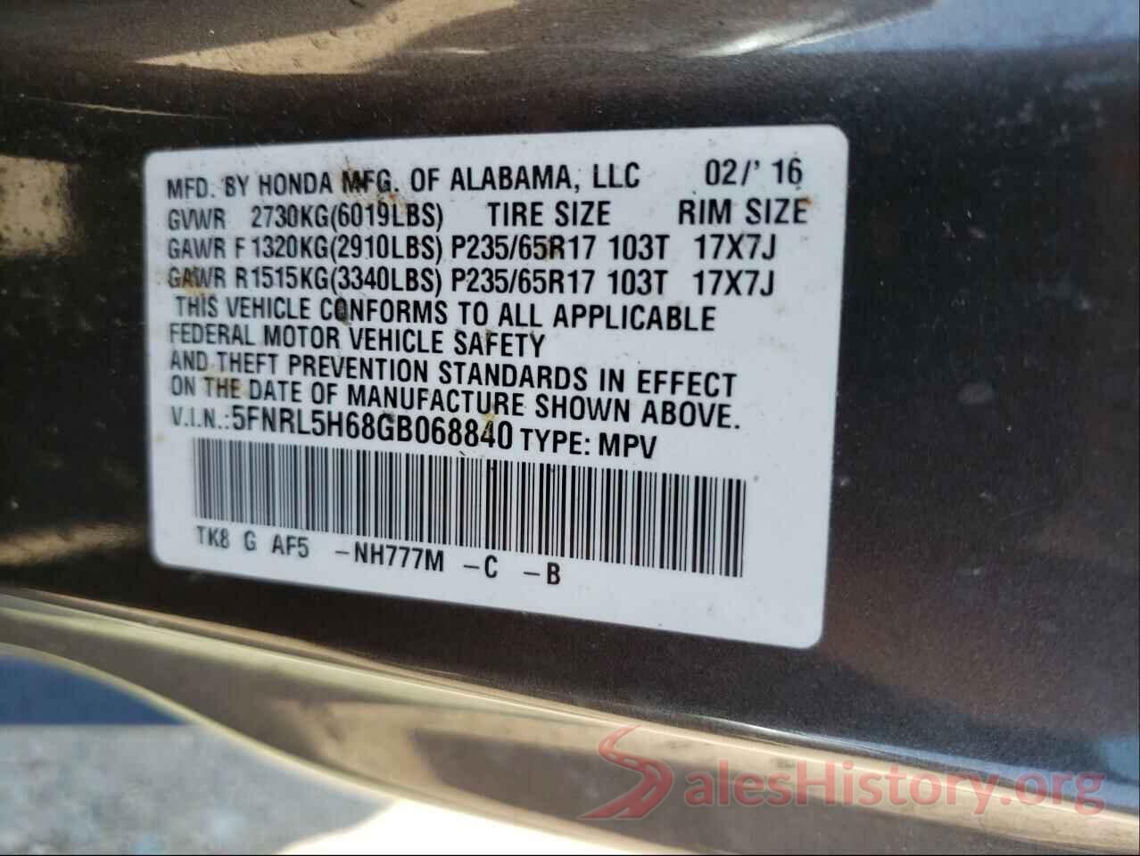 5FNRL5H68GB068840 2016 HONDA ODYSSEY