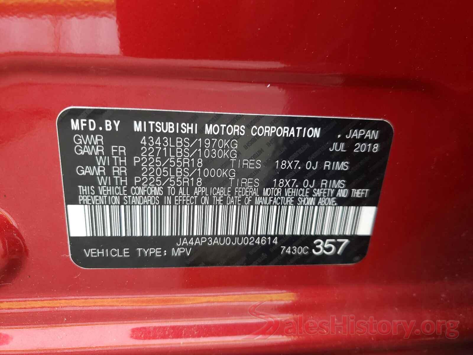 JA4AP3AU0JU024614 2018 MITSUBISHI OUTLANDER