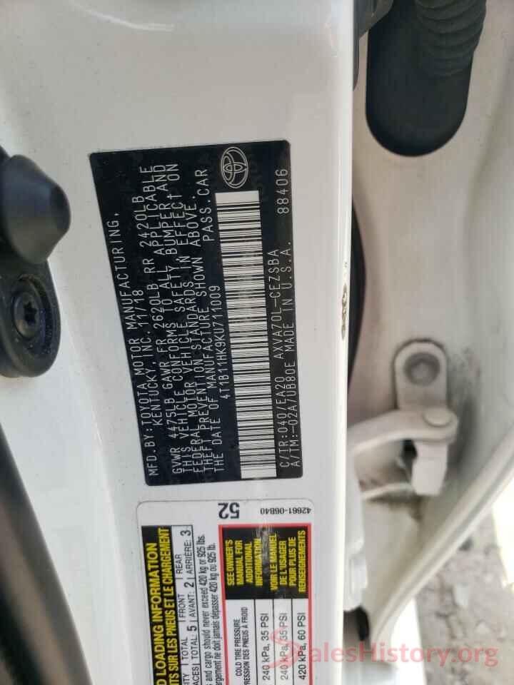 4T1B11HK9KU711009 2019 TOYOTA CAMRY