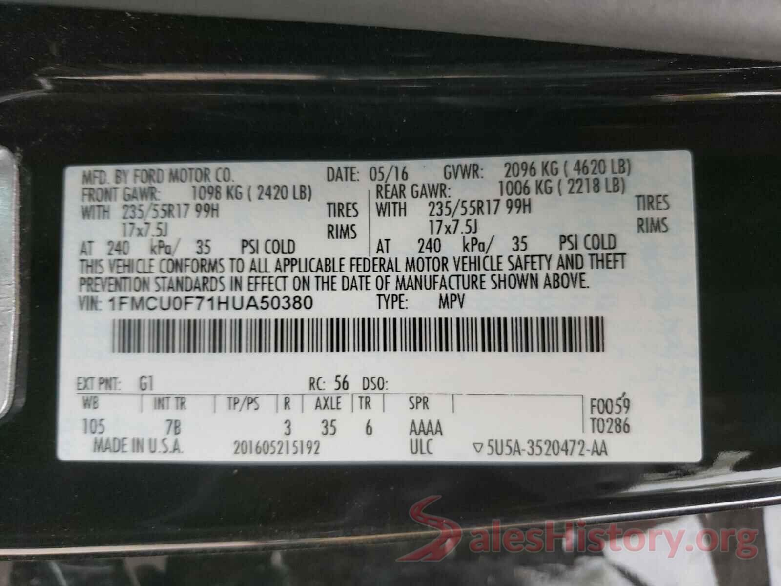 1FMCU0F71HUA50380 2017 FORD ESCAPE