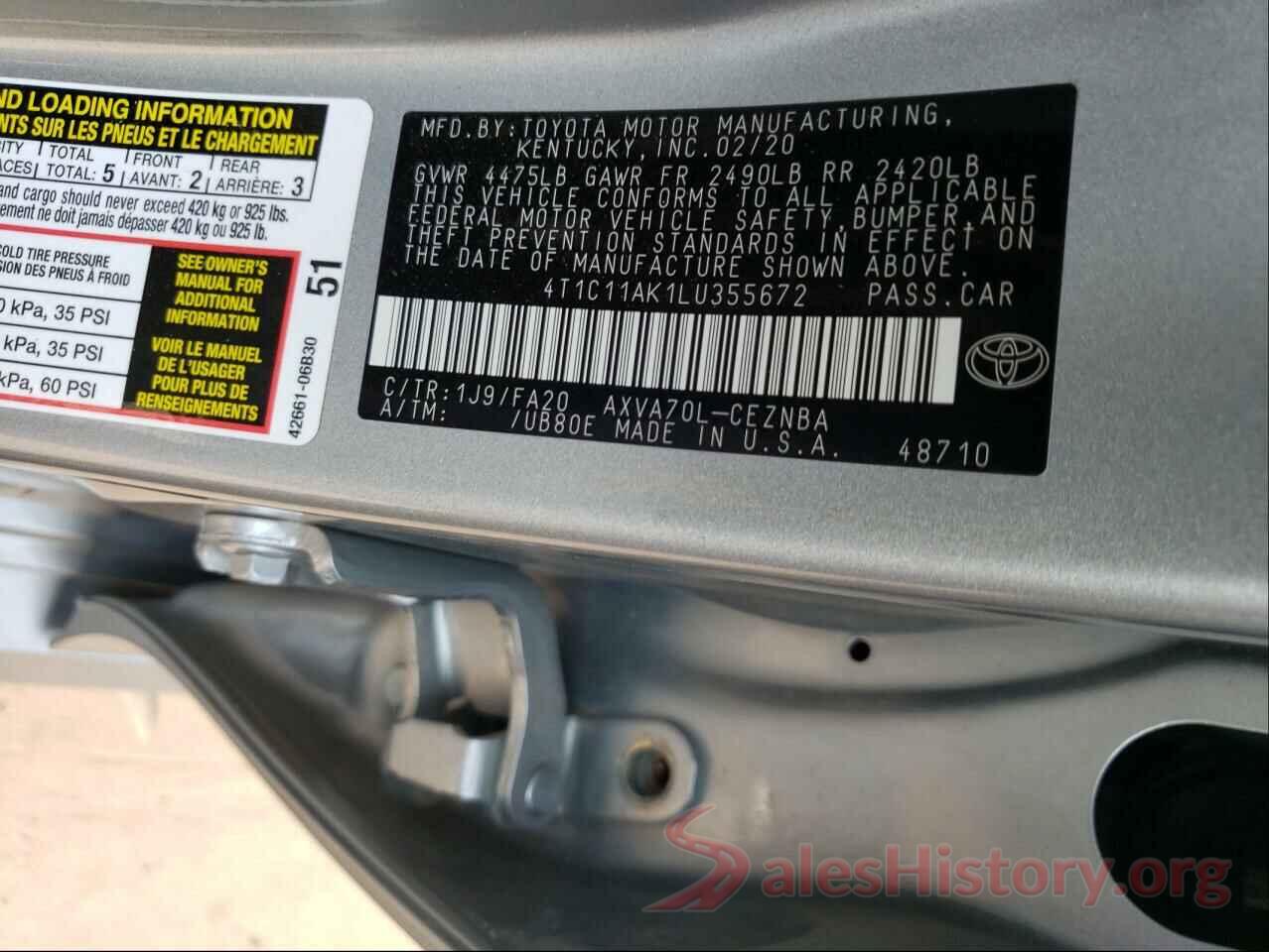 4T1C11AK1LU355672 2020 TOYOTA CAMRY