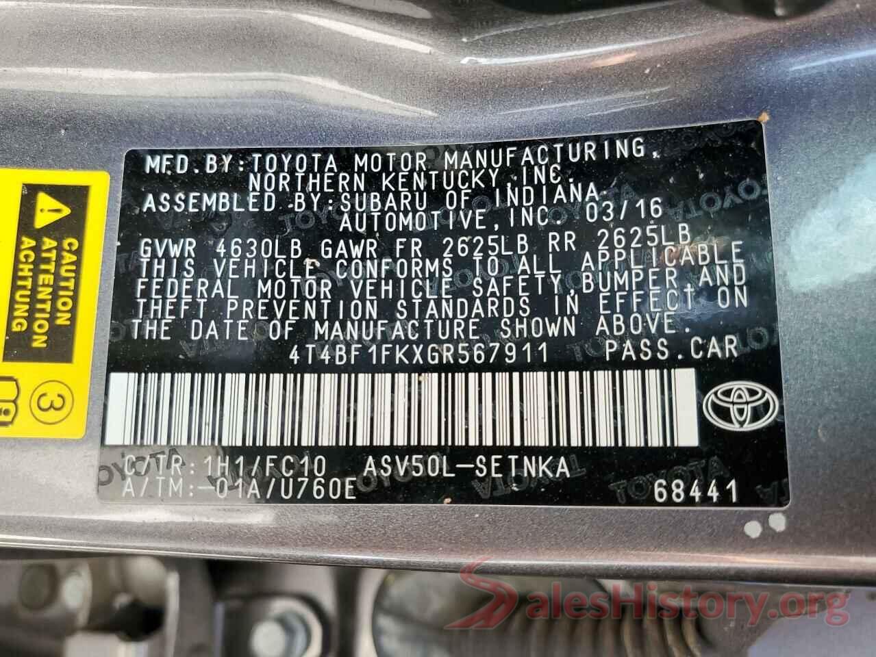 4T4BF1FKXGR567911 2016 TOYOTA CAMRY