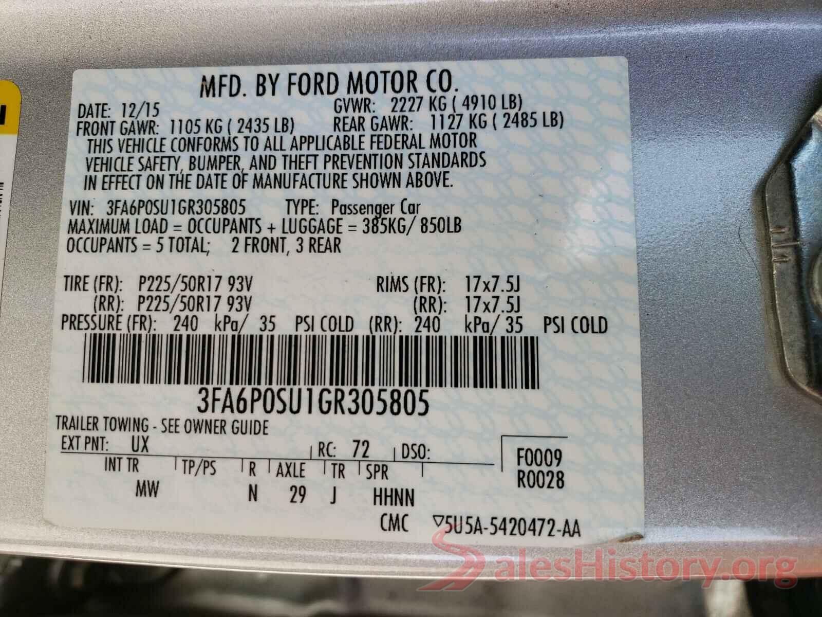 3FA6P0SU1GR305805 2016 FORD FUSION