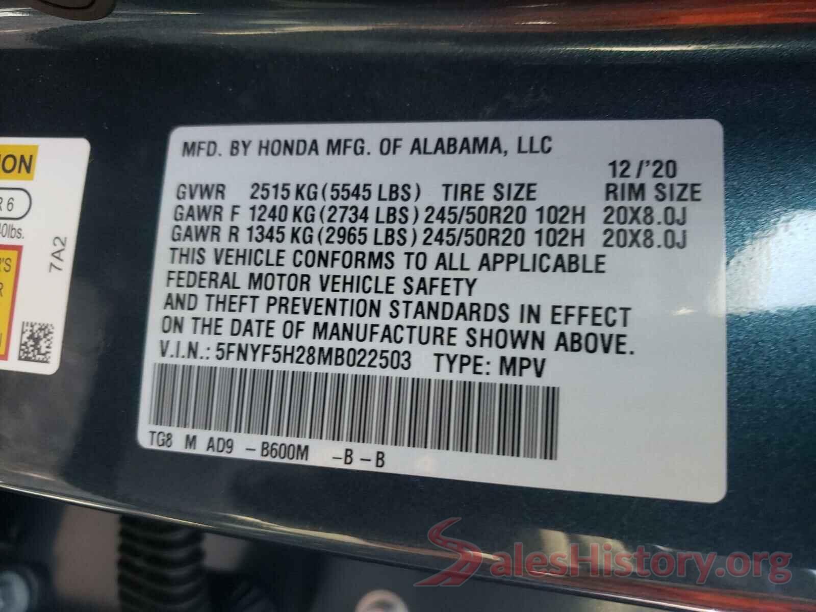 5FNYF5H28MB022503 2021 HONDA PILOT