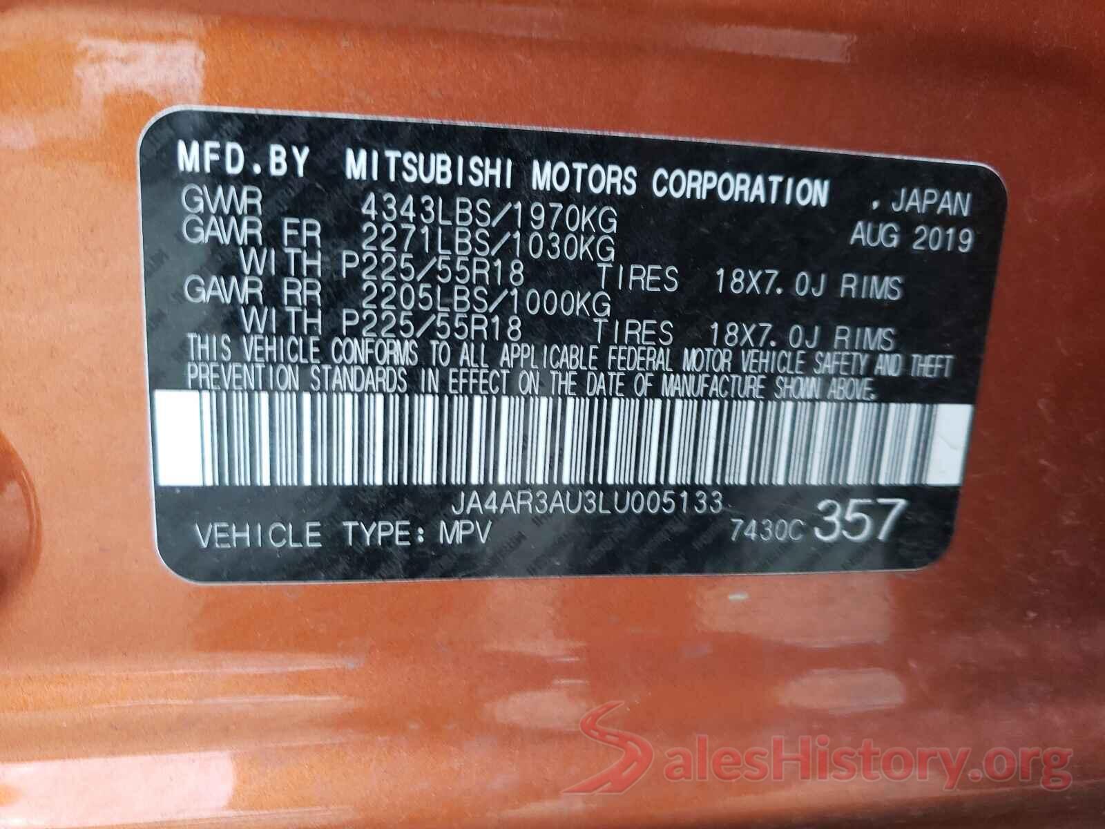 JA4AR3AU3LU005133 2020 MITSUBISHI OUTLANDER