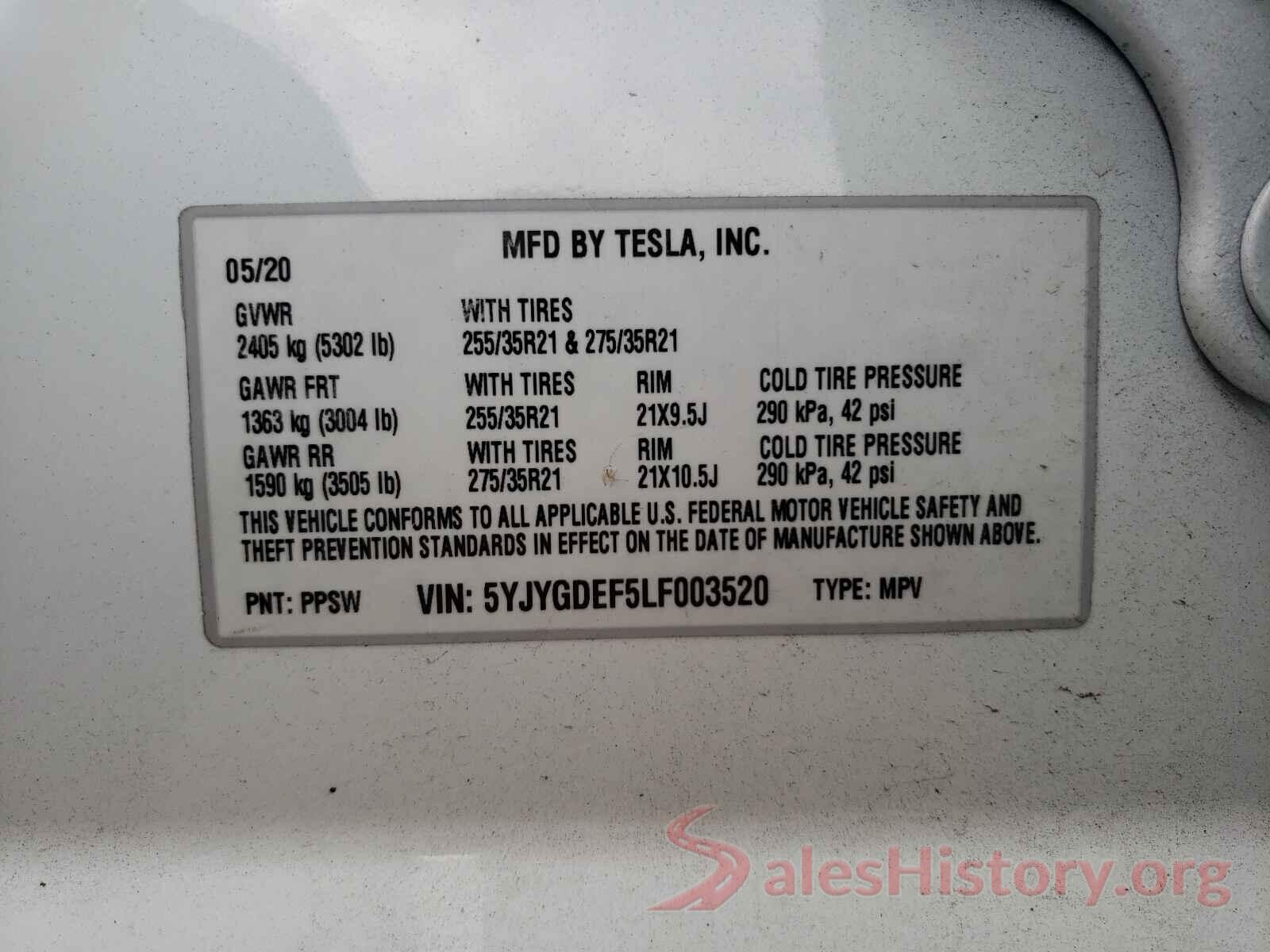 5YJYGDEF5LF003520 2020 TESLA MODEL Y