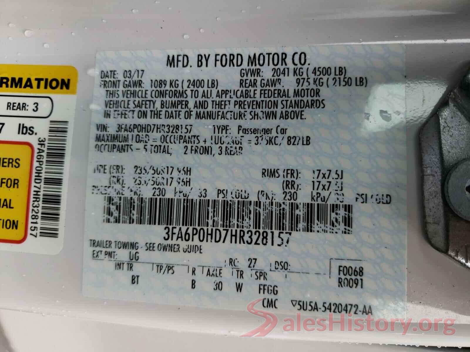 3FA6P0HD7HR328157 2017 FORD FUSION