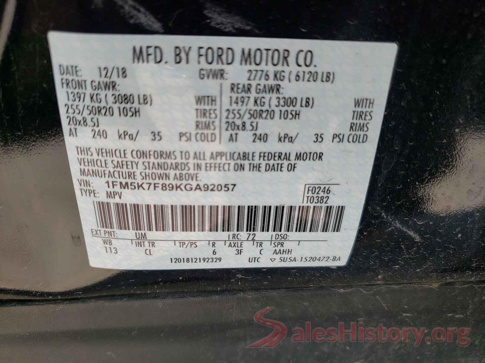 1FM5K7F89KGA92057 2019 FORD EXPLORER