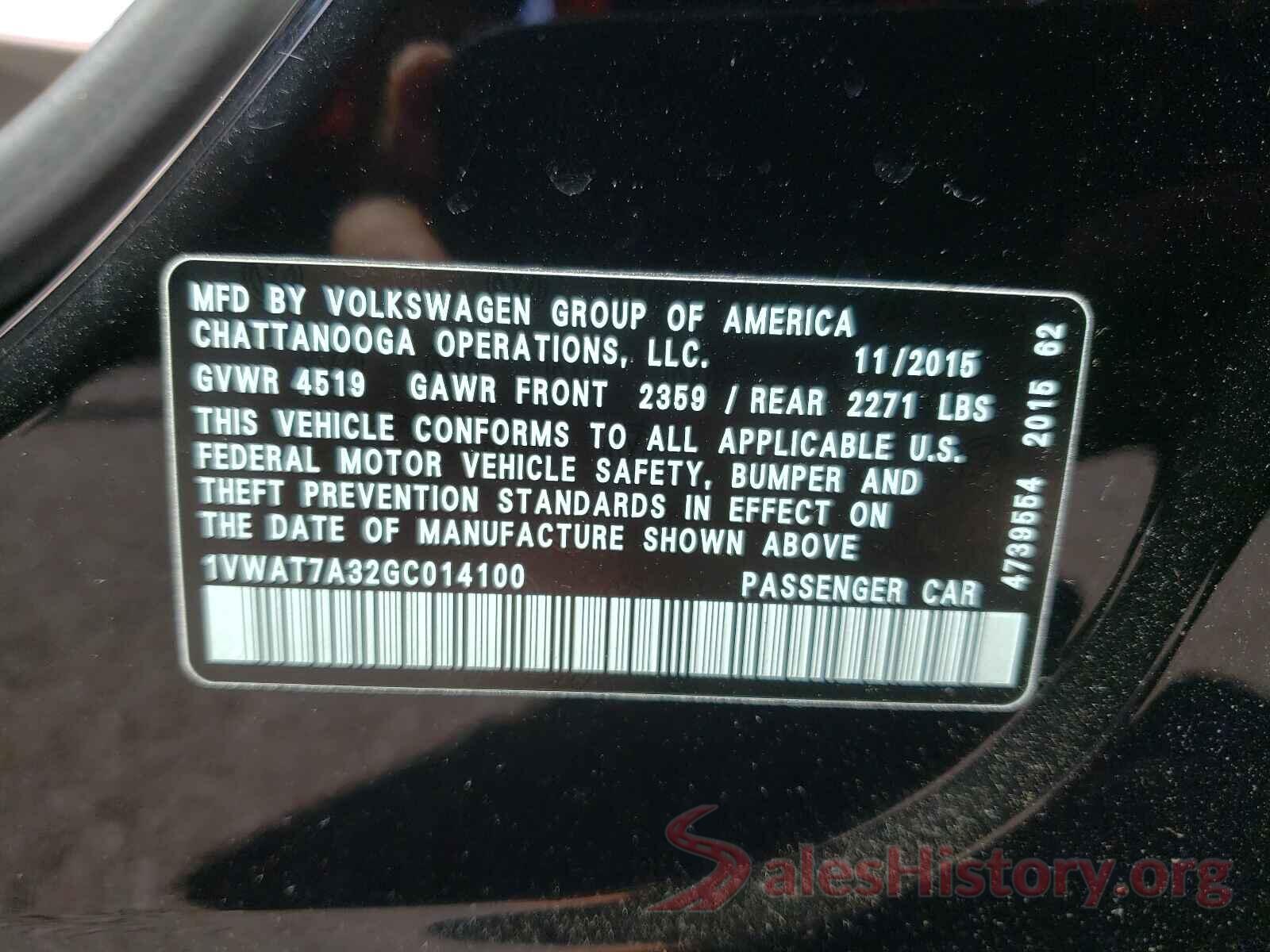 1VWAT7A32GC014100 2016 VOLKSWAGEN PASSAT