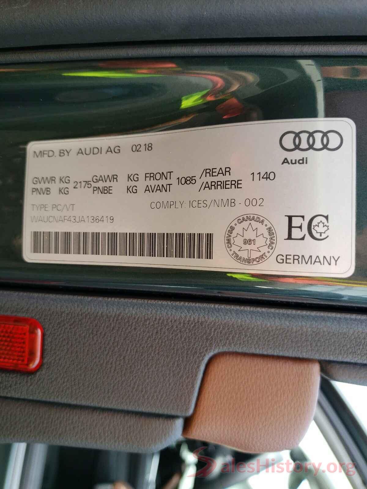 WAUCNAF43JA136419 2018 AUDI A4