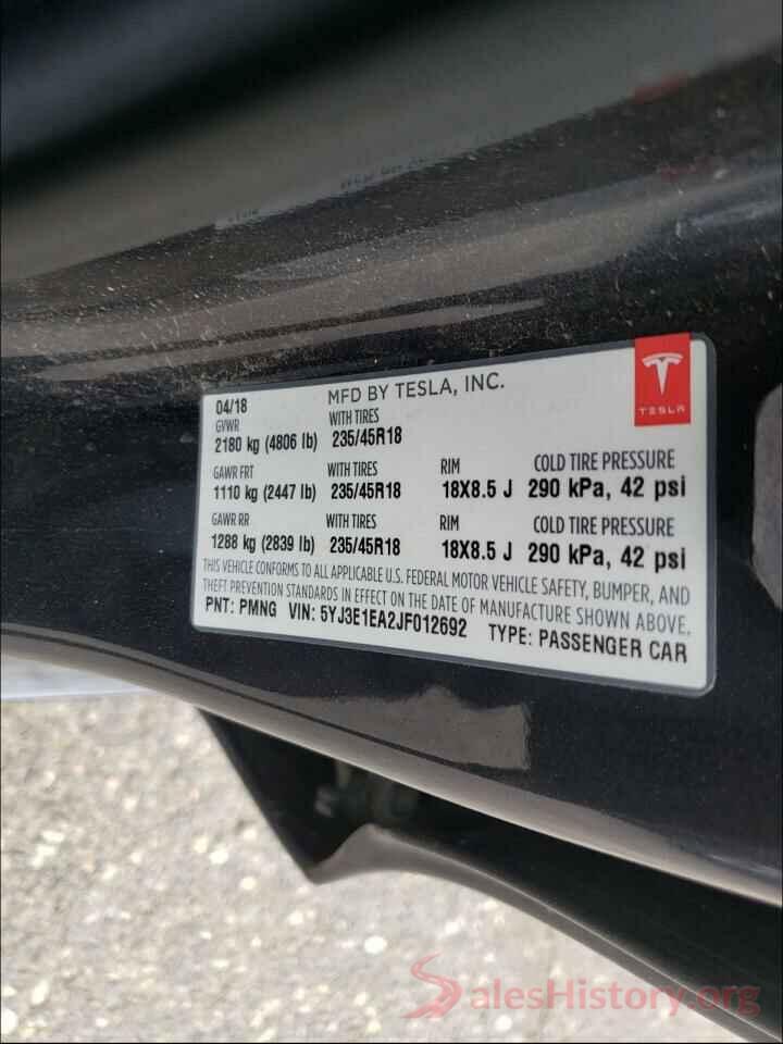 5YJ3E1EA2JF012692 2018 TESLA MODEL 3