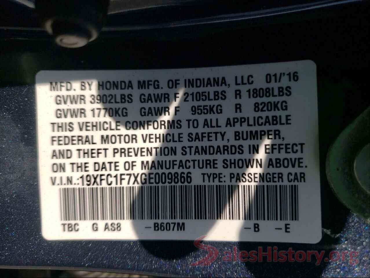 19XFC1F7XGE009866 2016 HONDA CIVIC