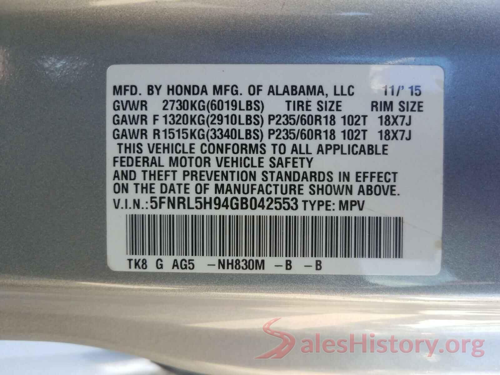 5FNRL5H94GB042553 2016 HONDA ODYSSEY