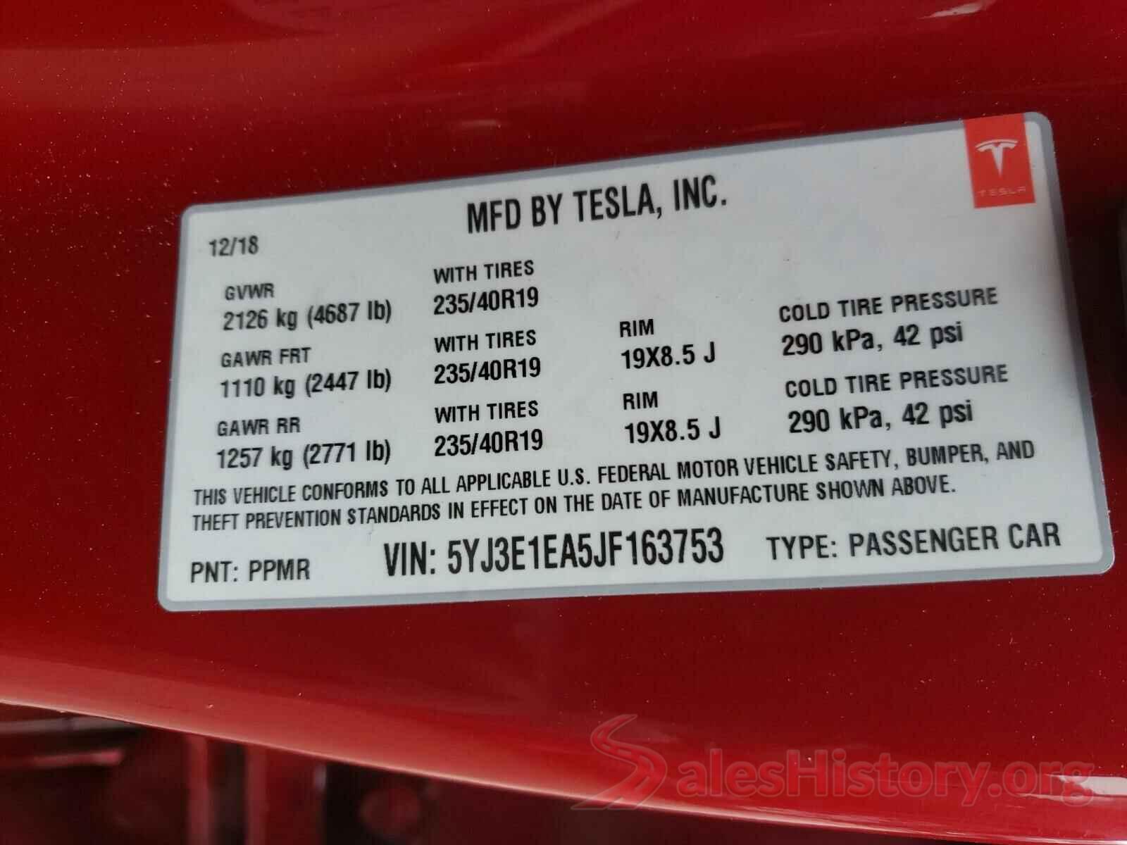 5YJ3E1EA5JF163753 2018 TESLA MODEL 3