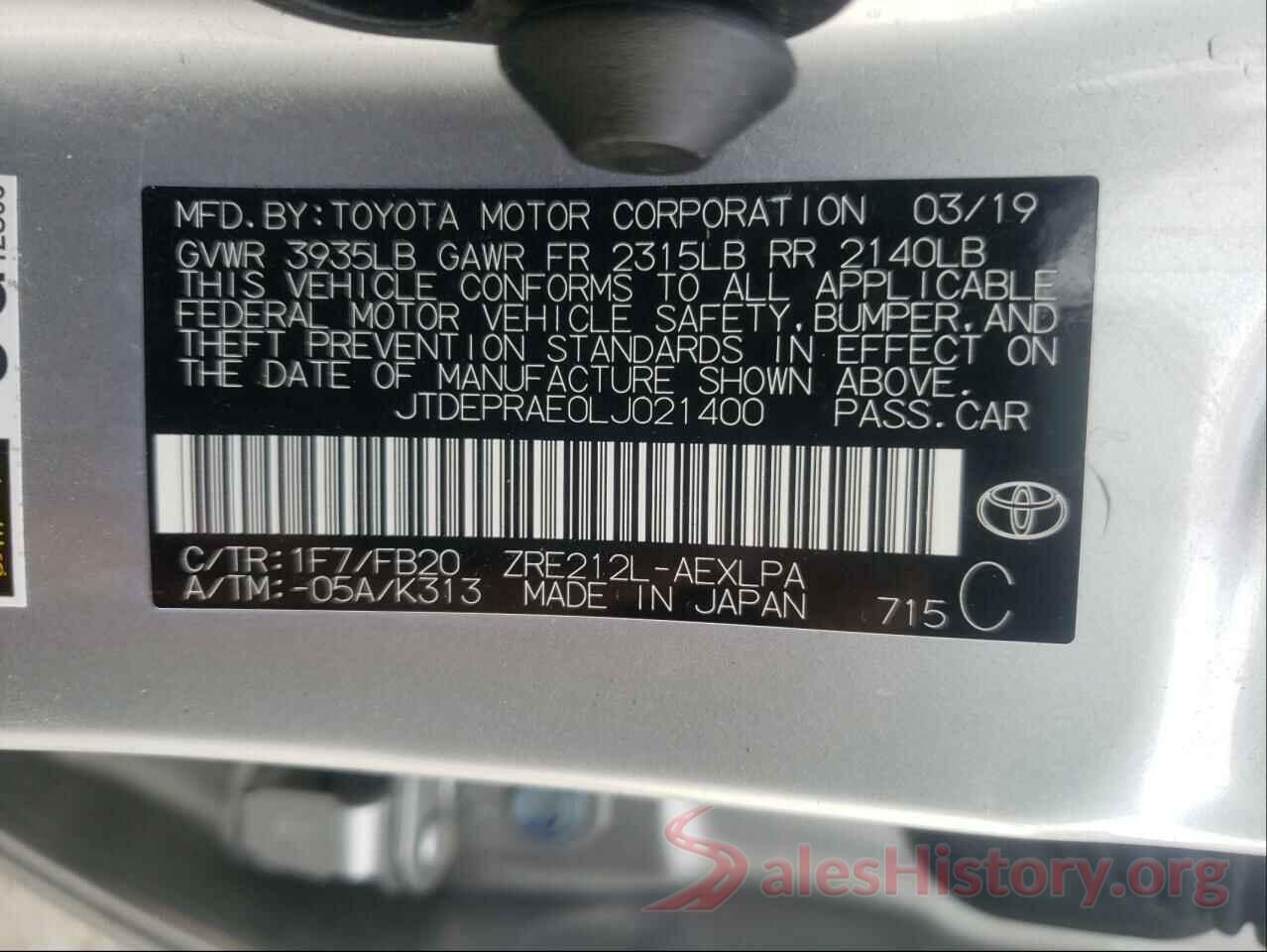 JTDEPRAE0LJ021400 2020 TOYOTA COROLLA