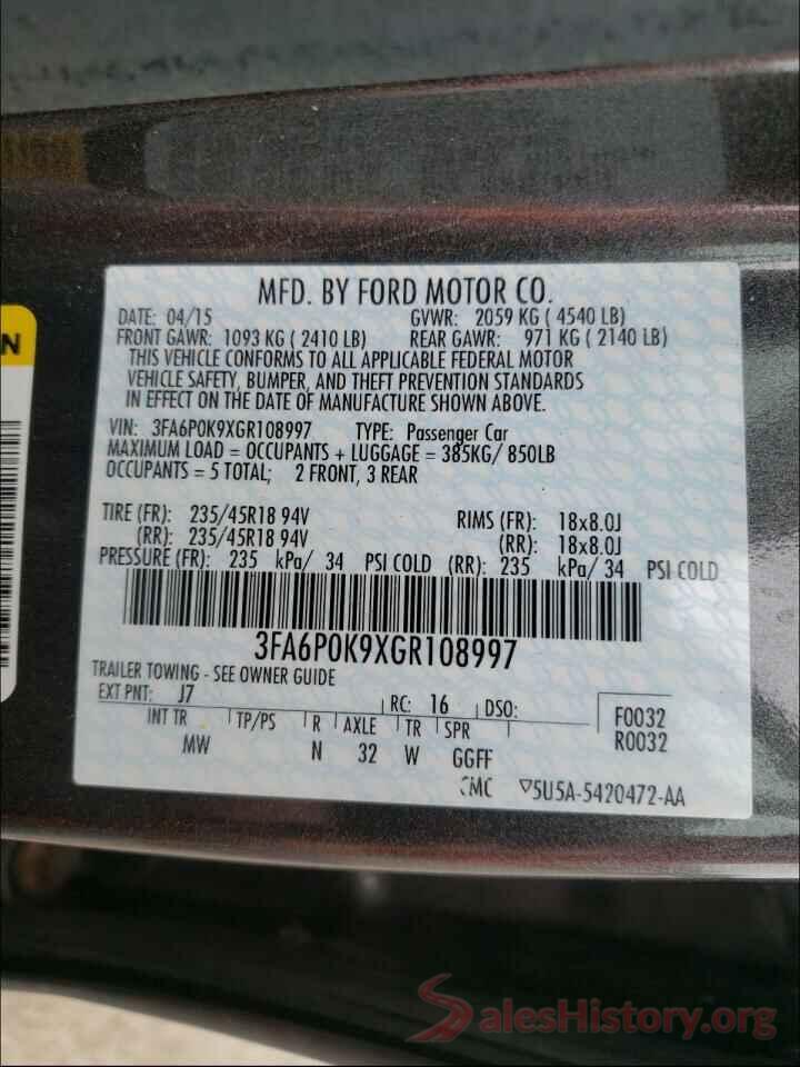 3FA6P0K9XGR108997 2016 FORD FUSION