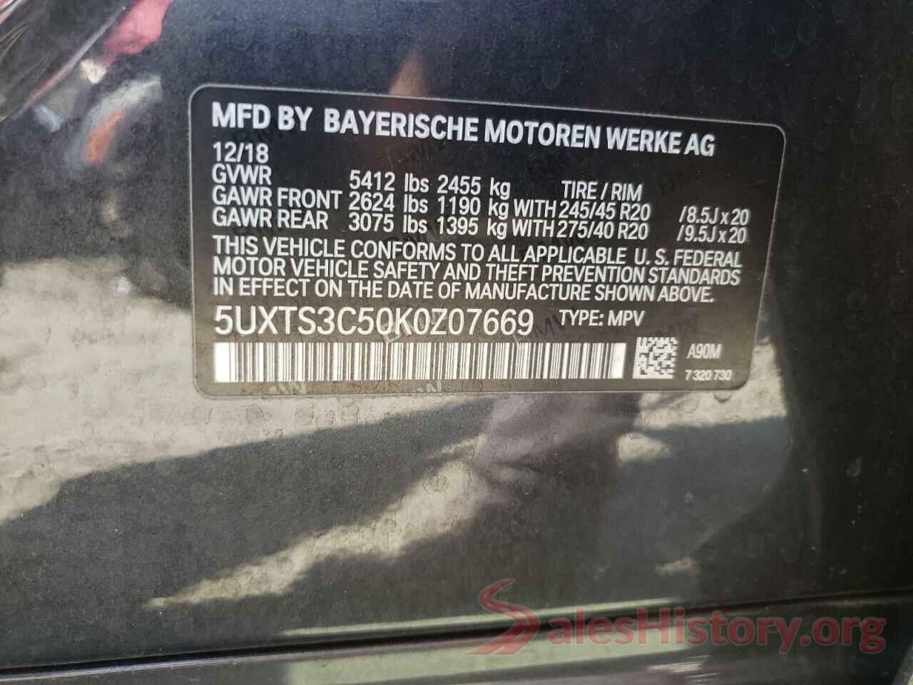 5UXTS3C50K0Z07669 2019 BMW X3