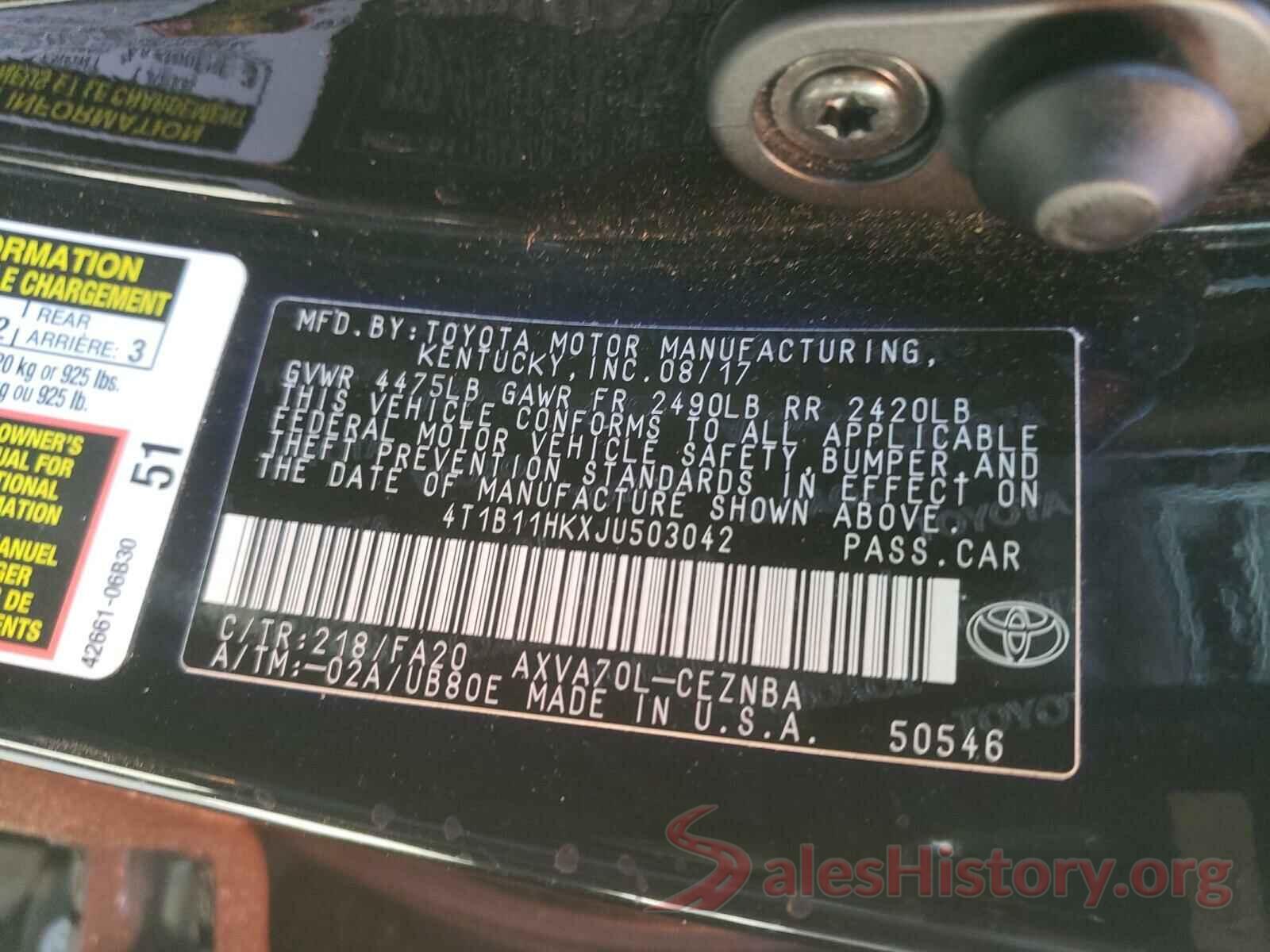 4T1B11HKXJU503042 2018 TOYOTA CAMRY