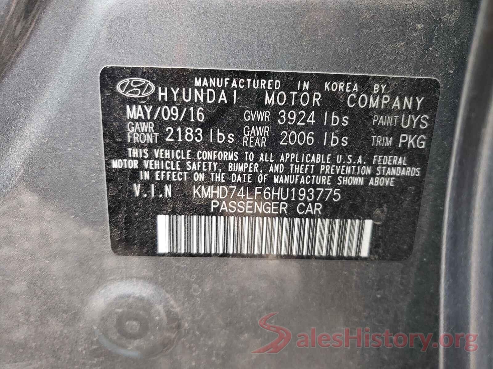 KMHD74LF6HU193775 2017 HYUNDAI ELANTRA