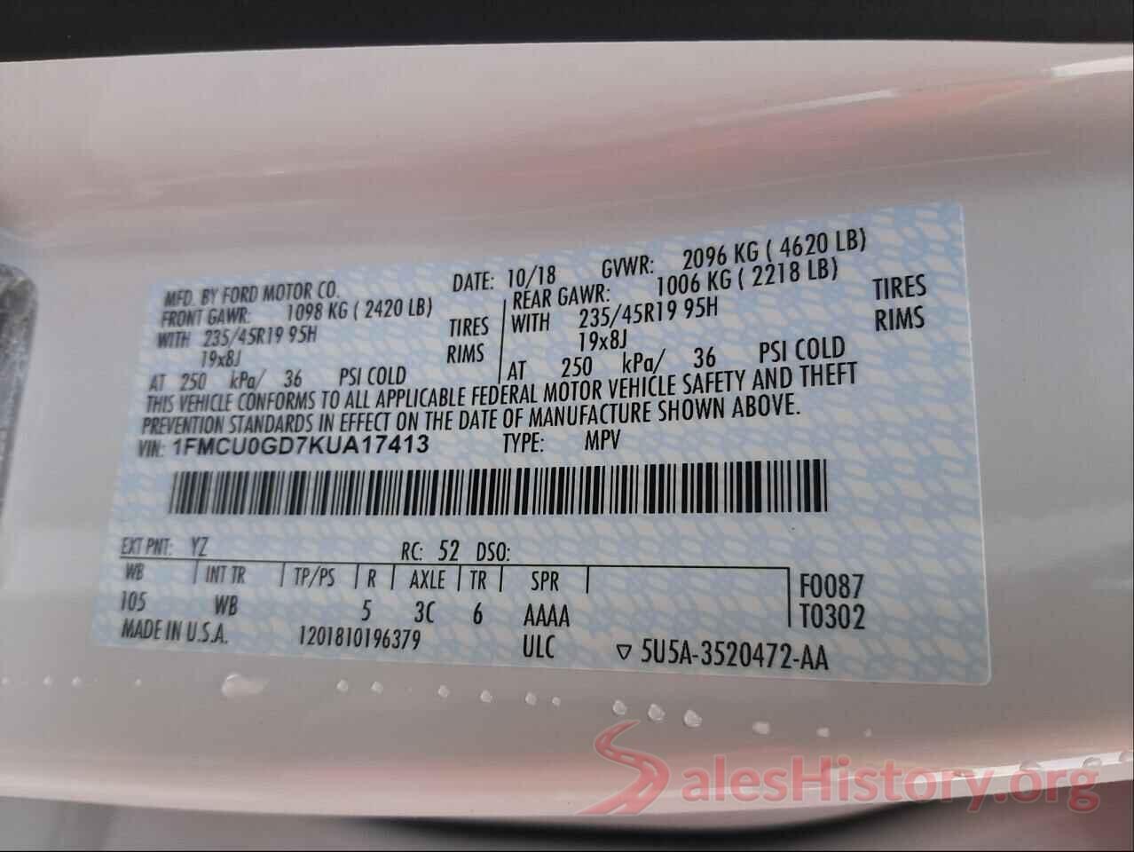 1FMCU0GD7KUA17413 2019 FORD ESCAPE