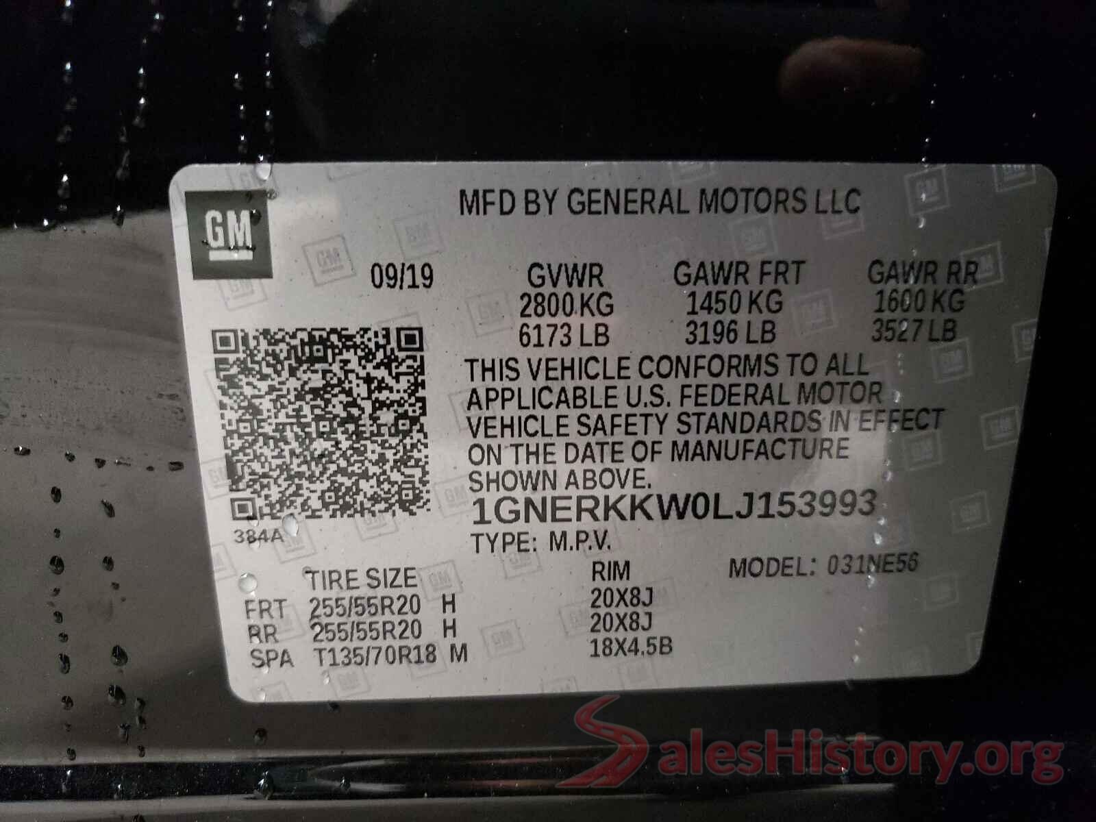 1GNERKKW0LJ153993 2020 CHEVROLET TRAVERSE