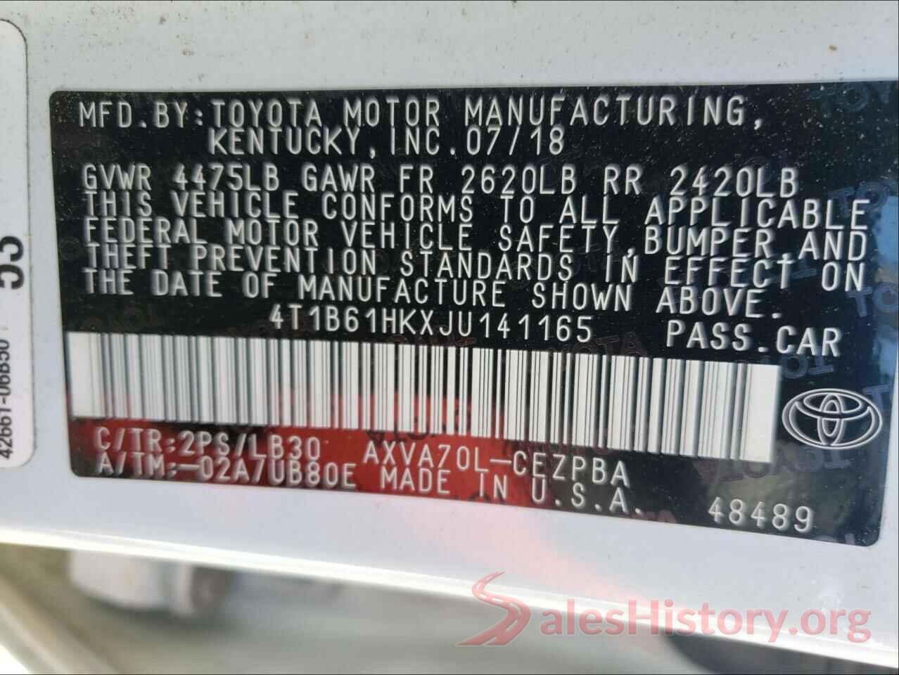 4T1B61HKXJU141165 2018 TOYOTA CAMRY