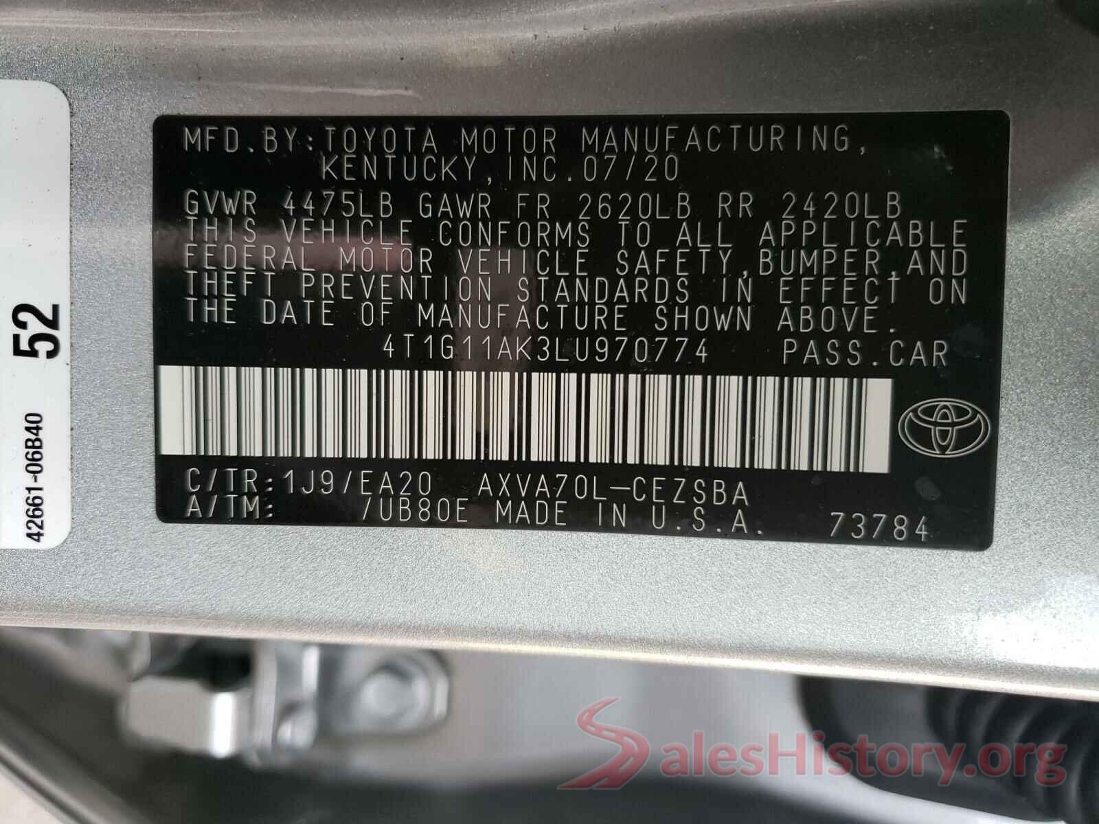 4T1G11AK3LU970774 2020 TOYOTA CAMRY