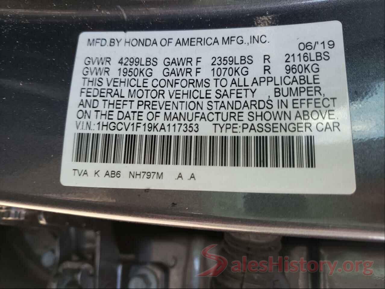 1HGCV1F19KA117353 2019 HONDA ACCORD