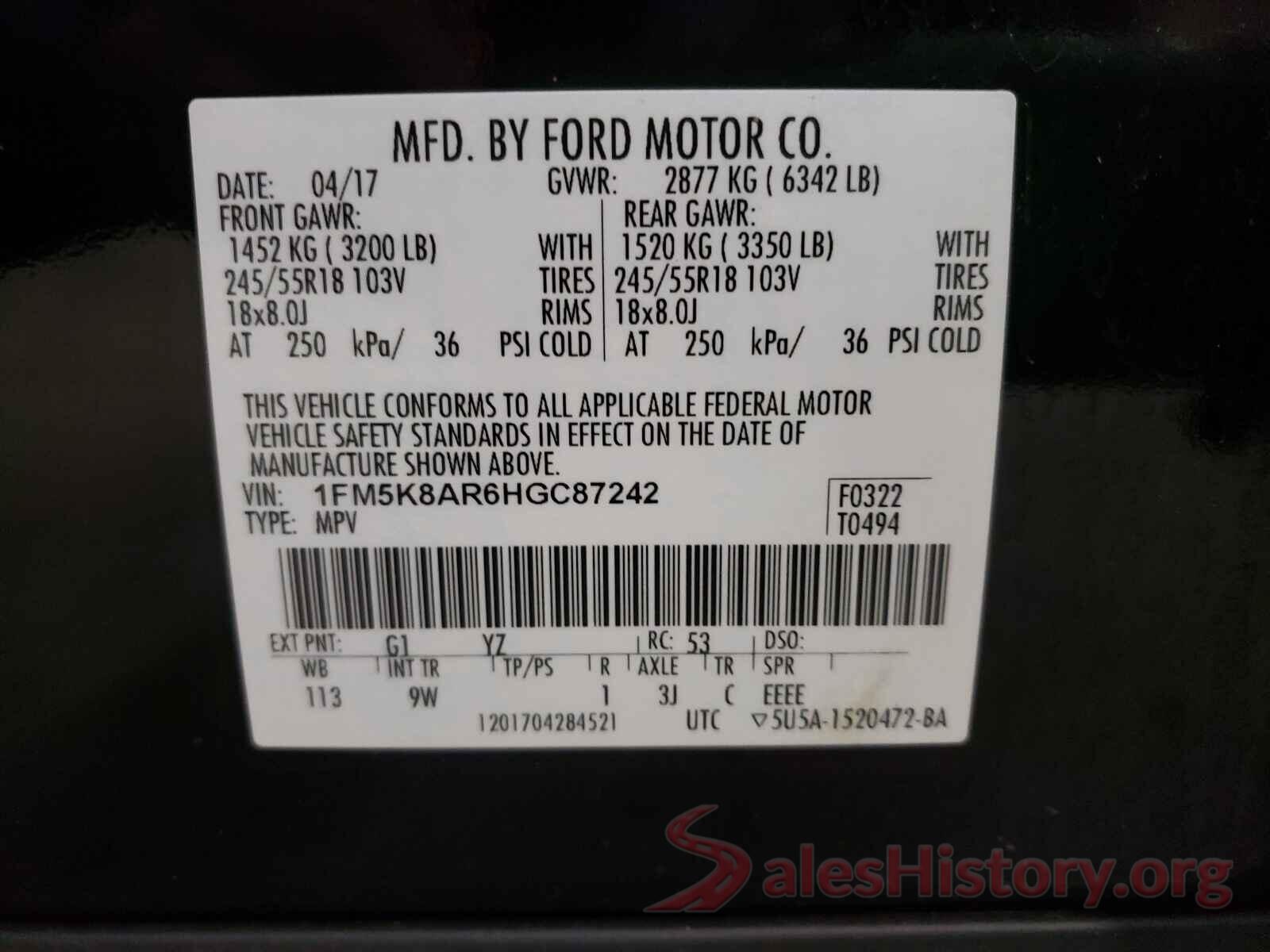 1FM5K8AR6HGC87242 2017 FORD EXPLORER