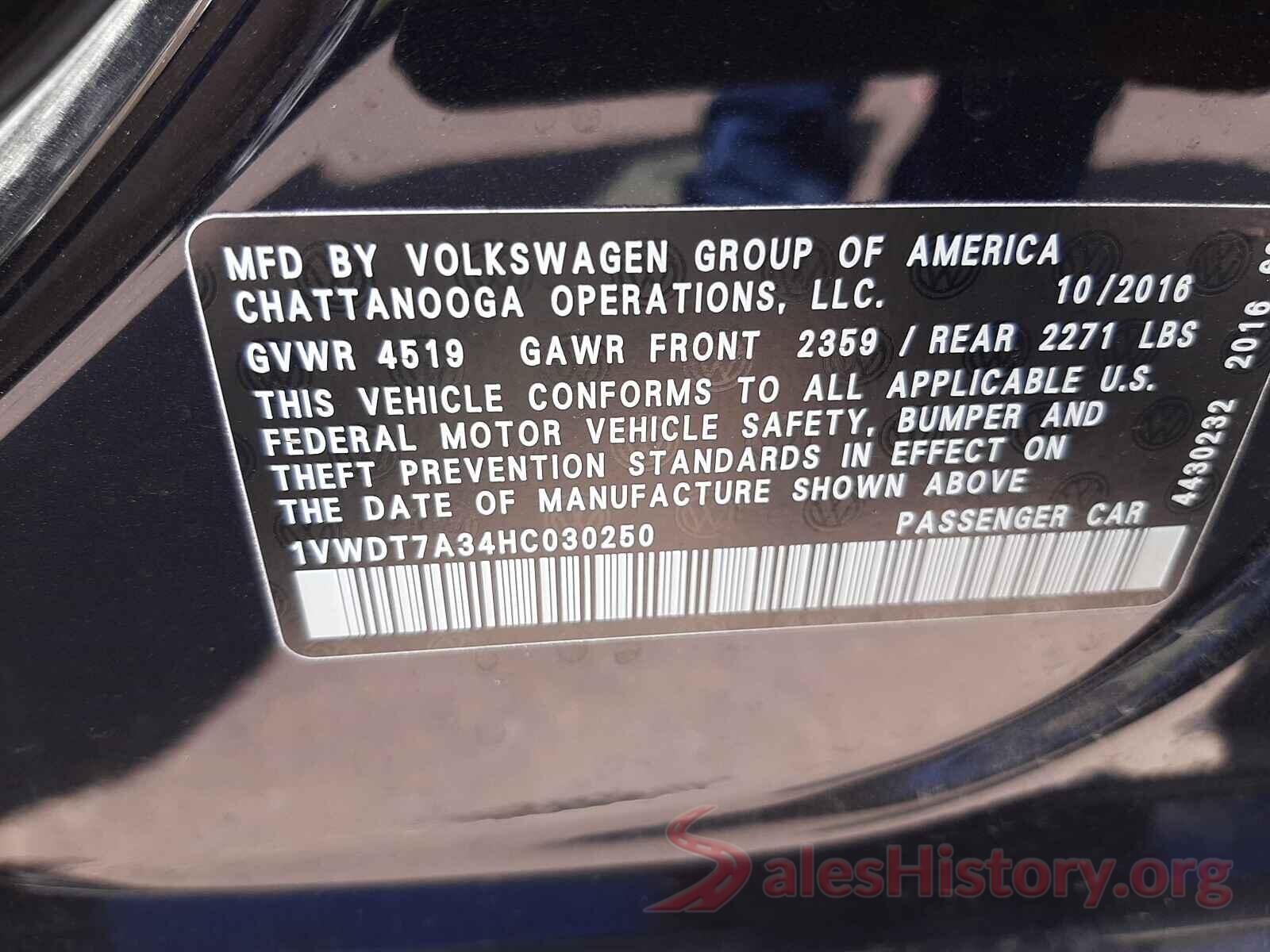 1VWDT7A34HC030250 2017 VOLKSWAGEN PASSAT