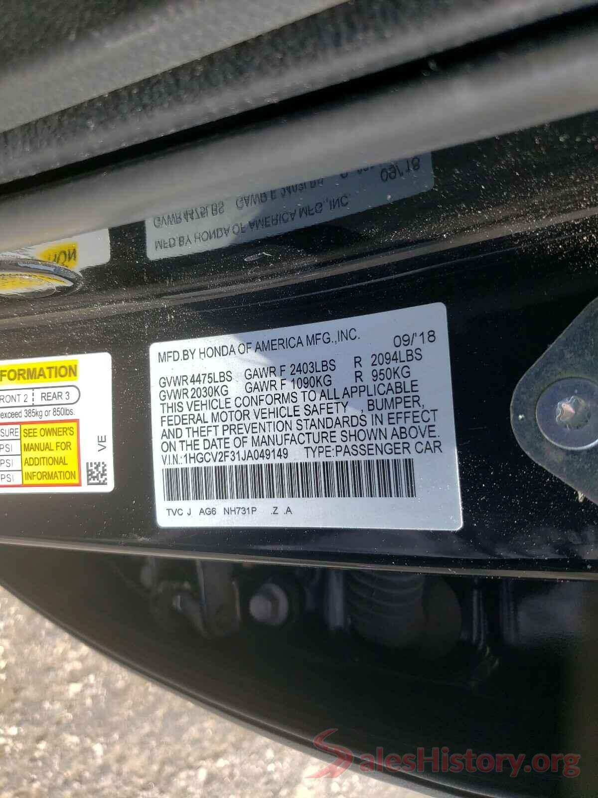 1HGCV2F31JA049149 2018 HONDA ACCORD