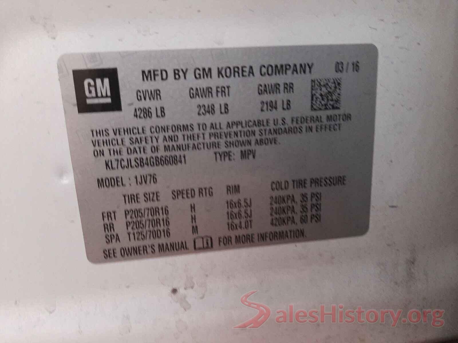 KL7CJLSB4GB660841 2016 CHEVROLET TRAX