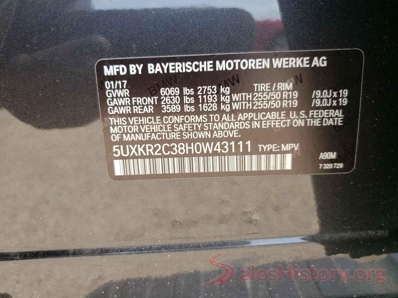 5UXKR2C38H0W43111 2017 BMW X5