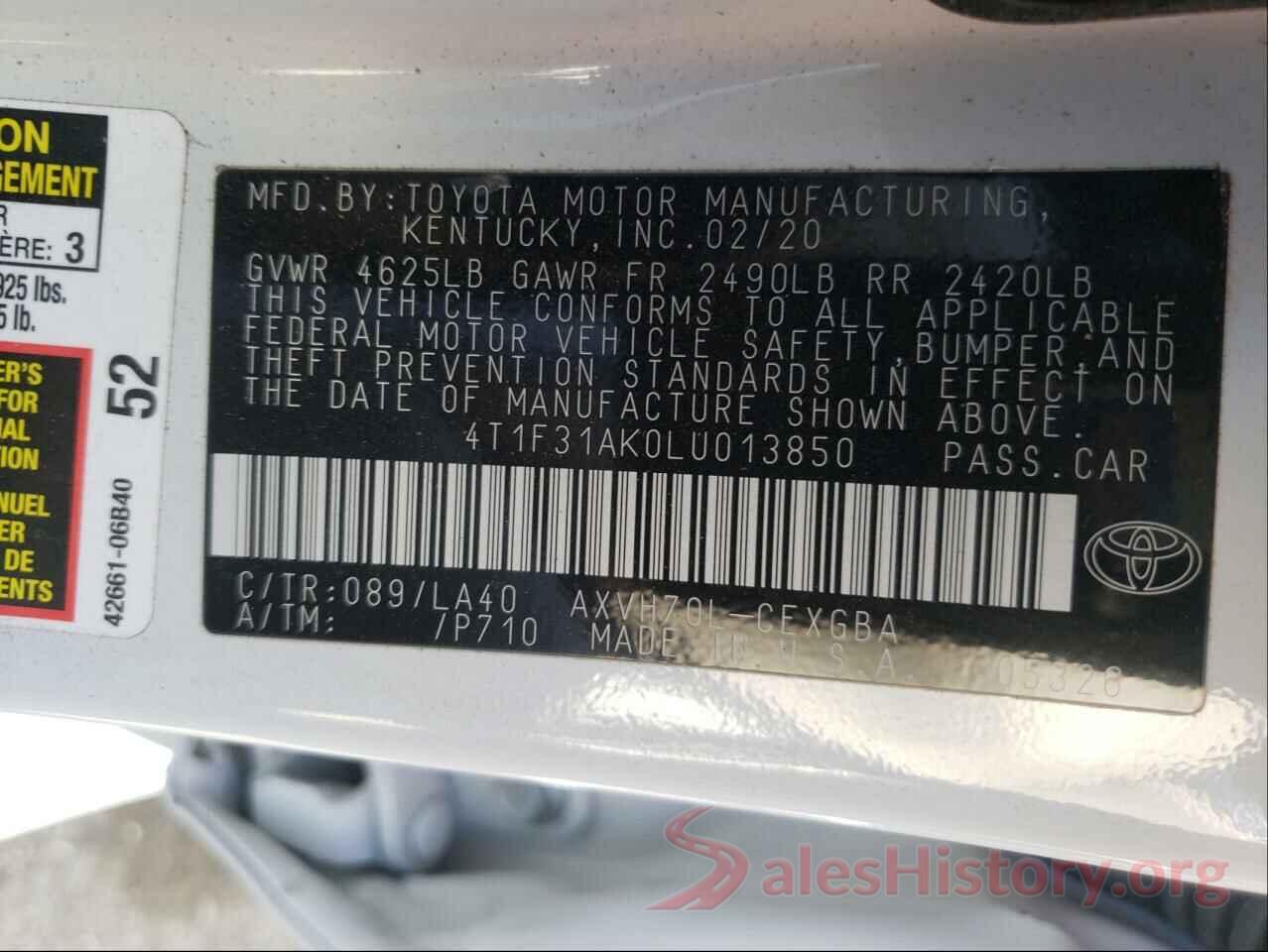 4T1F31AK0LU013850 2020 TOYOTA CAMRY