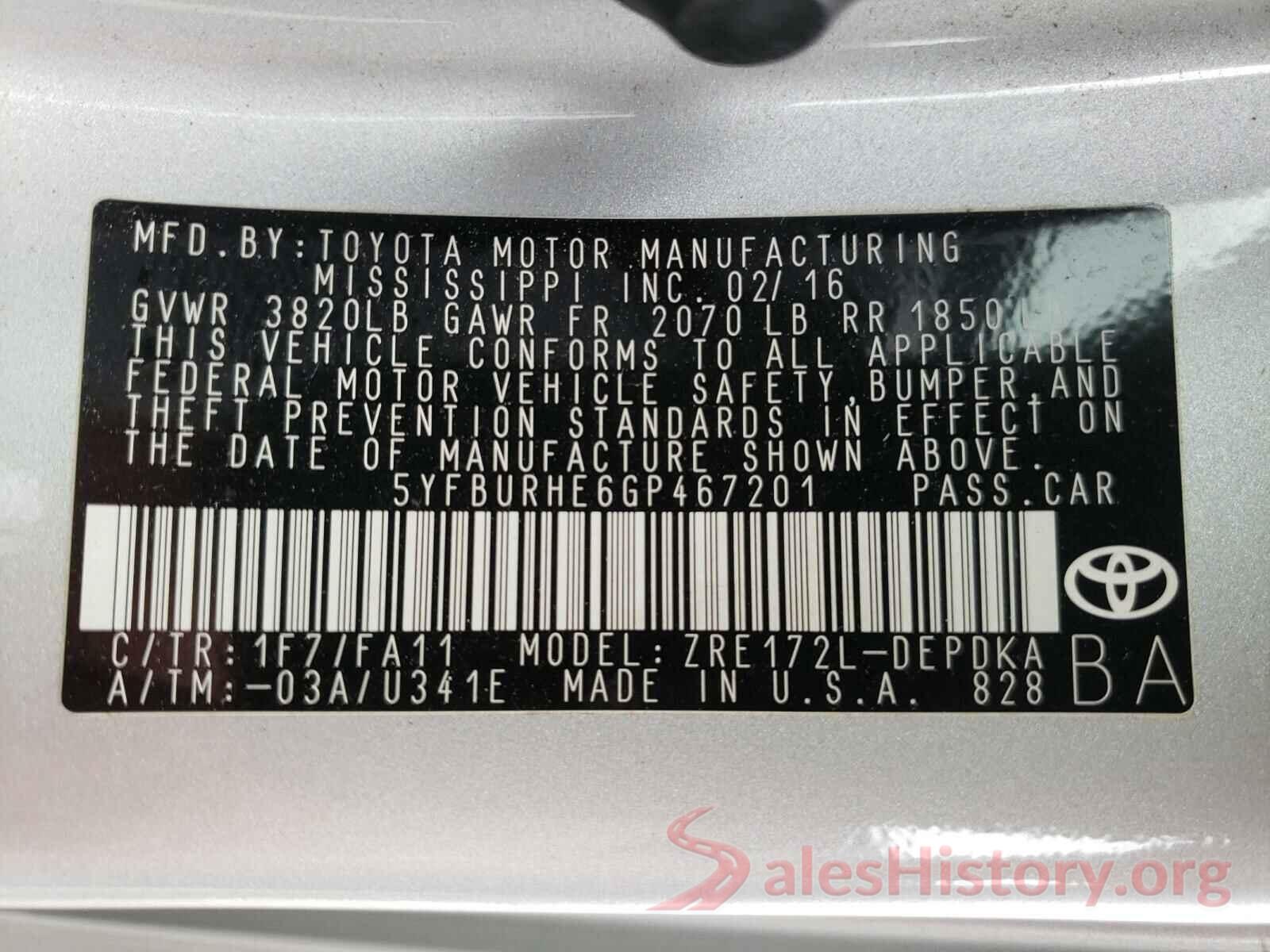 5YFBURHE6GP467201 2016 TOYOTA COROLLA