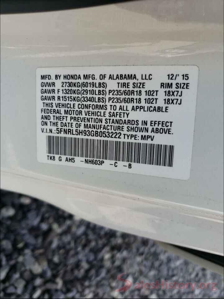 5FNRL5H93GB053222 2016 HONDA ODYSSEY